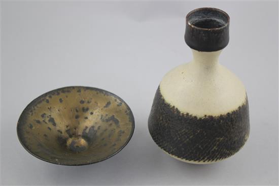 Dame Lucie Rie D.B.E. (1902-1995). A porcelain bottle vase and a small flaring bowl, diam. 9.5cm, faults